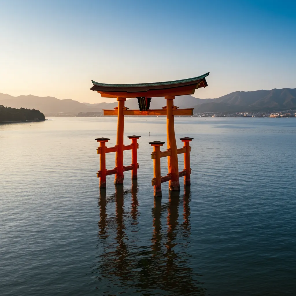 Grand torii rouge de Miyajima semblant flotter sur l'eau à marée haute