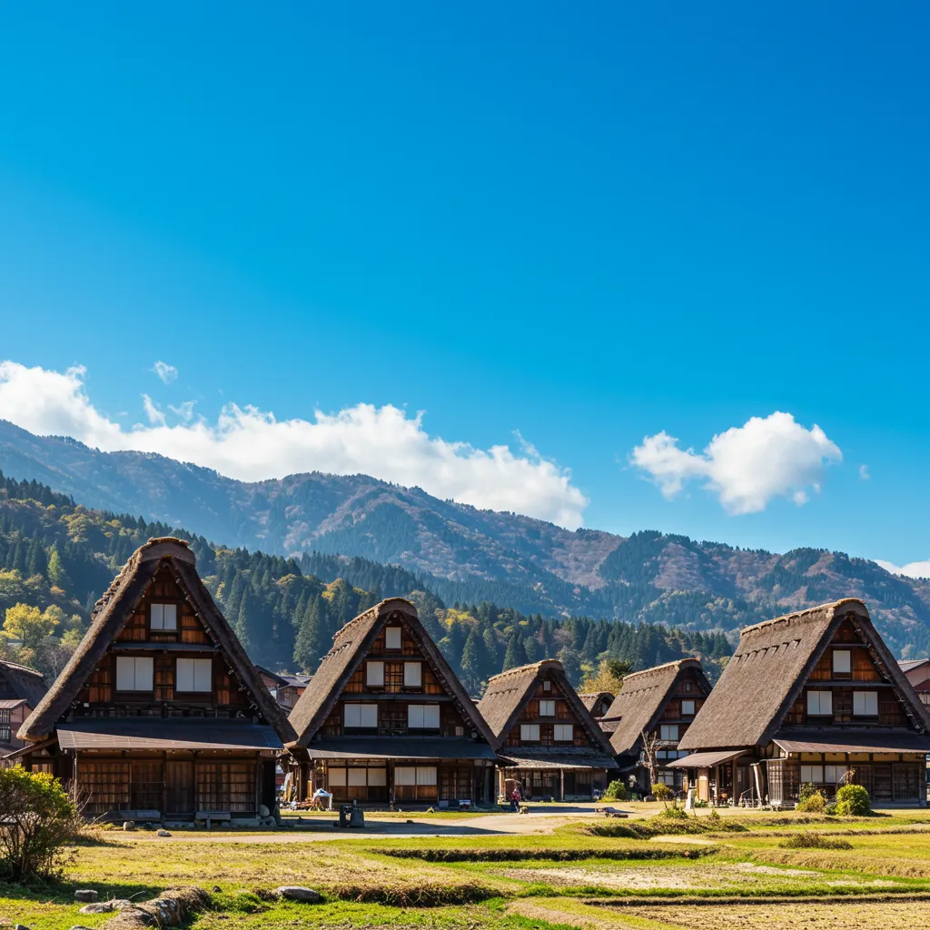 Maisons gassho-zukuri de Shirakawa-go sous un ciel bleu