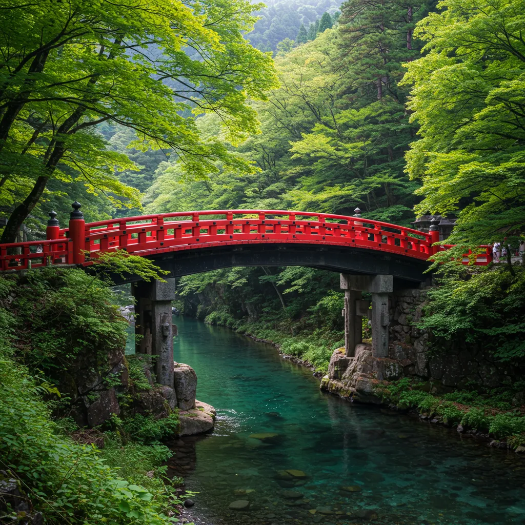 Pont Shinkyo rouge vif sous les arbres verts à Nikko